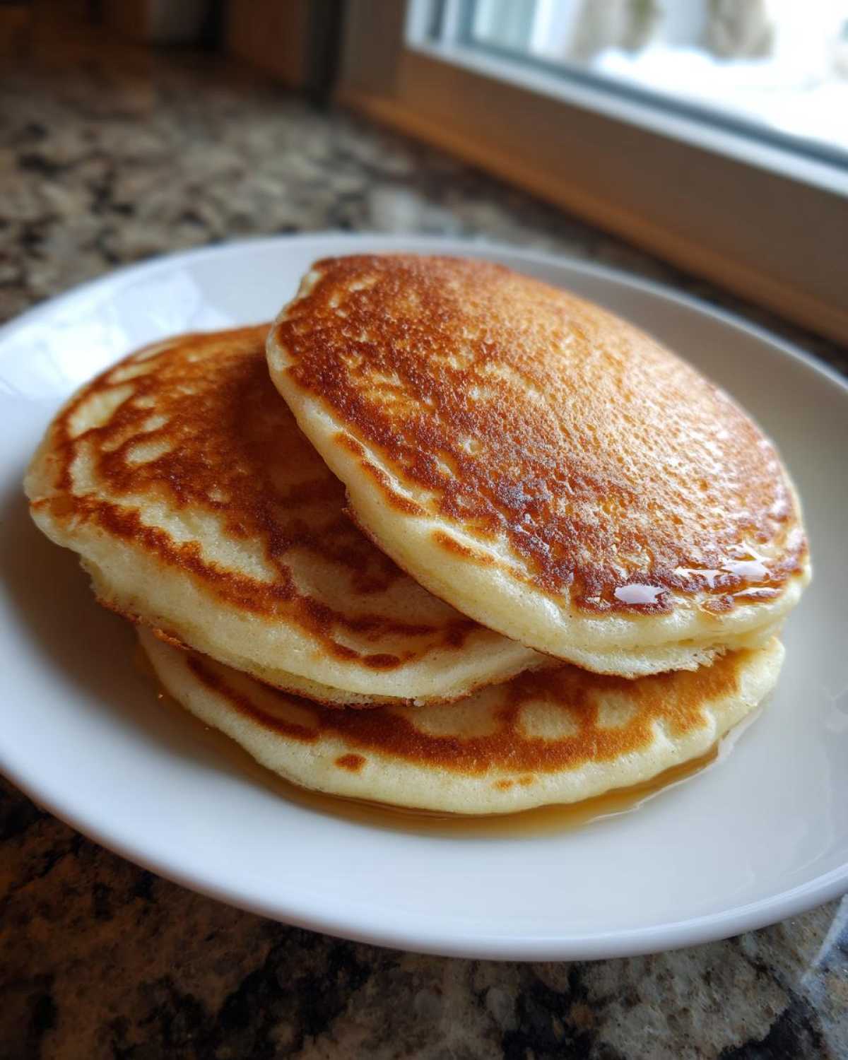 A stack of three fluffy coconut flour pancakes drizzled with syrup on a white plate.