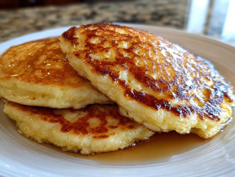 A stack of three fluffy coconut flour pancakes drizzled generously with golden syrup on a white plate.