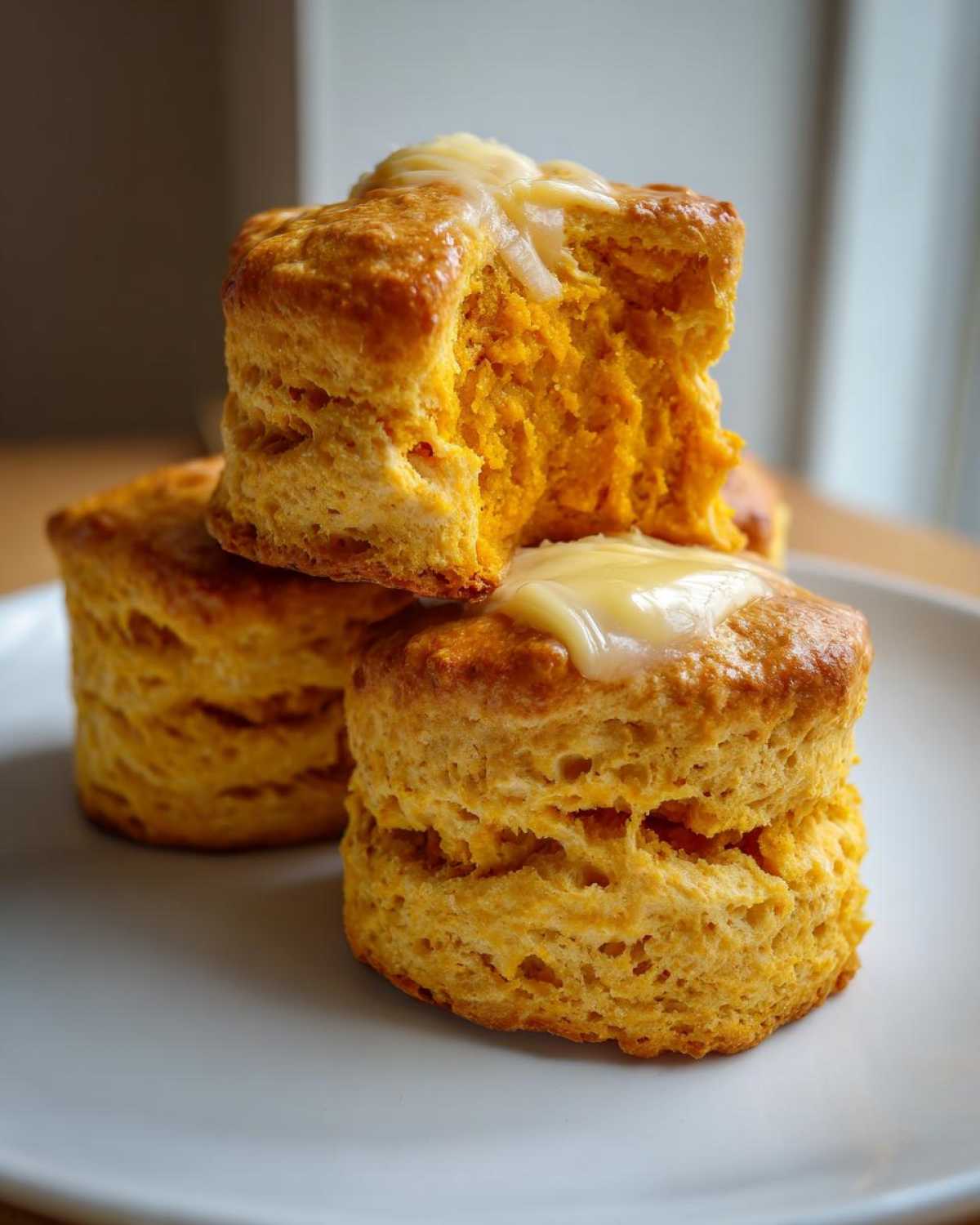 Close-up of fluffy sweet potato biscuits stacked on a white plate, one broken open showing the interior texture.