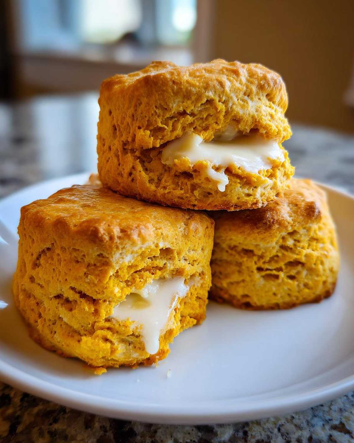Three fluffy sweet potato biscuits stacked on a white plate, one split open with melting butter oozing out.