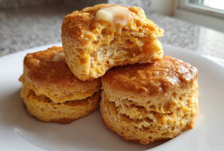 Three fluffy sweet potato biscuits stacked on a white plate, one broken open with melting butter on top.