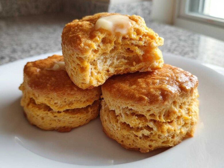 Three fluffy sweet potato biscuits stacked on a white plate, one broken open with melting butter on top.