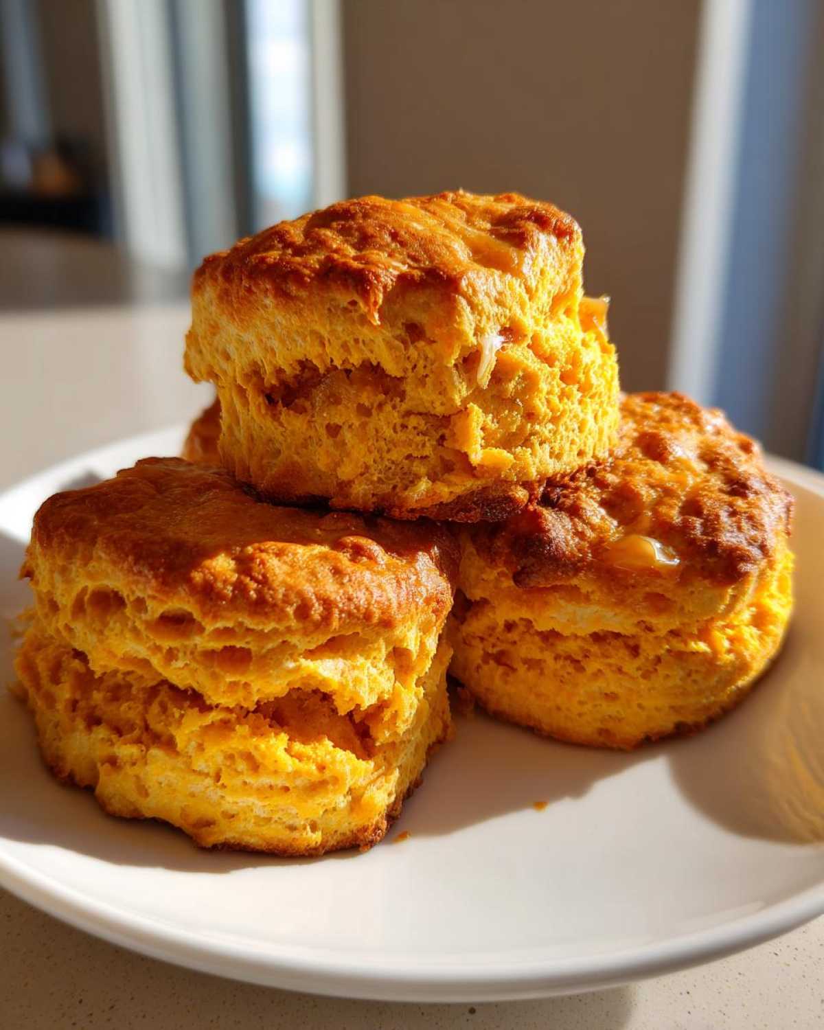 A stack of three golden-brown, fluffy sweet potato biscuits sitting on a white plate bathed in sunlight.