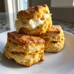 Three fluffy sweet potato biscuits stacked on a white plate, one split open with melting butter.