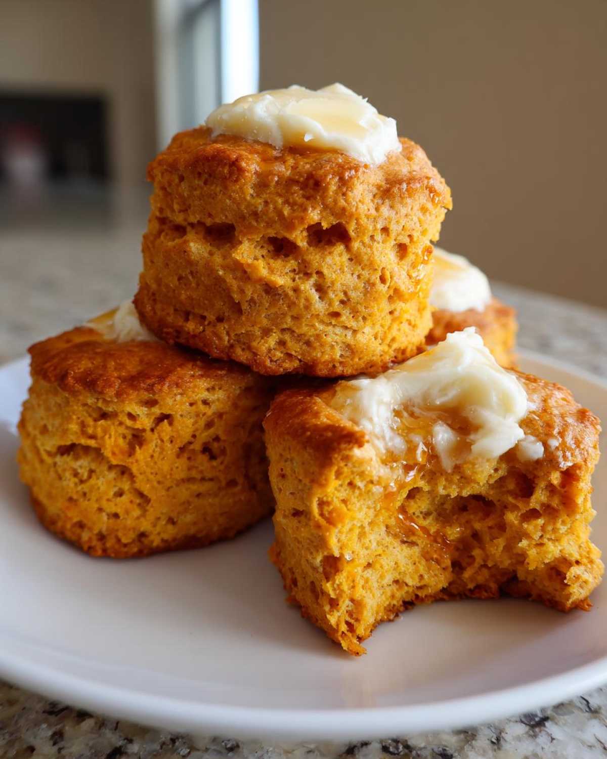 A stack of fluffy, orange sweet potato biscuits topped with melting butter and drizzled with honey.