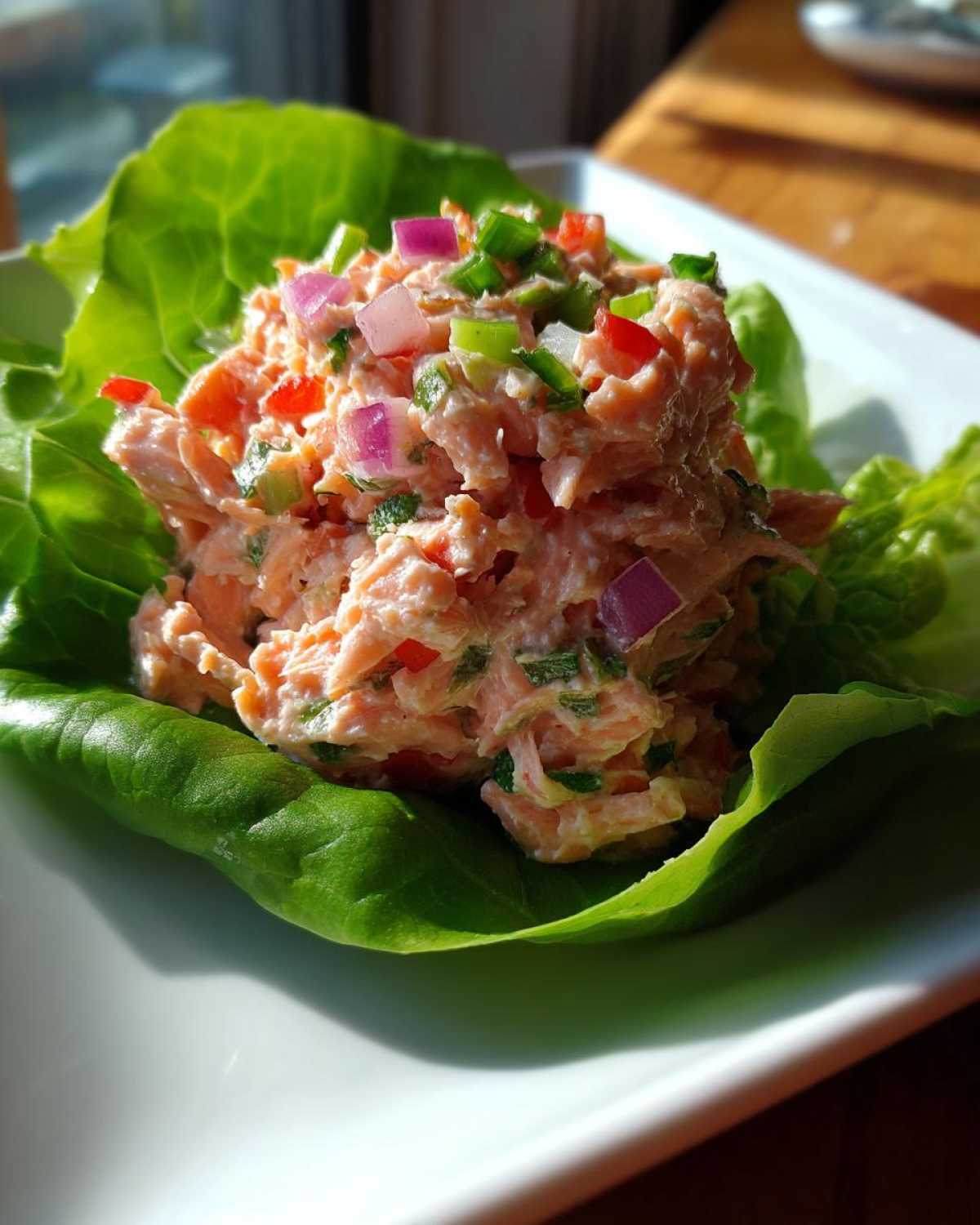 Close-up of creamy salmon salad topped with diced red onion and green onion served in a crisp lettuce cup.