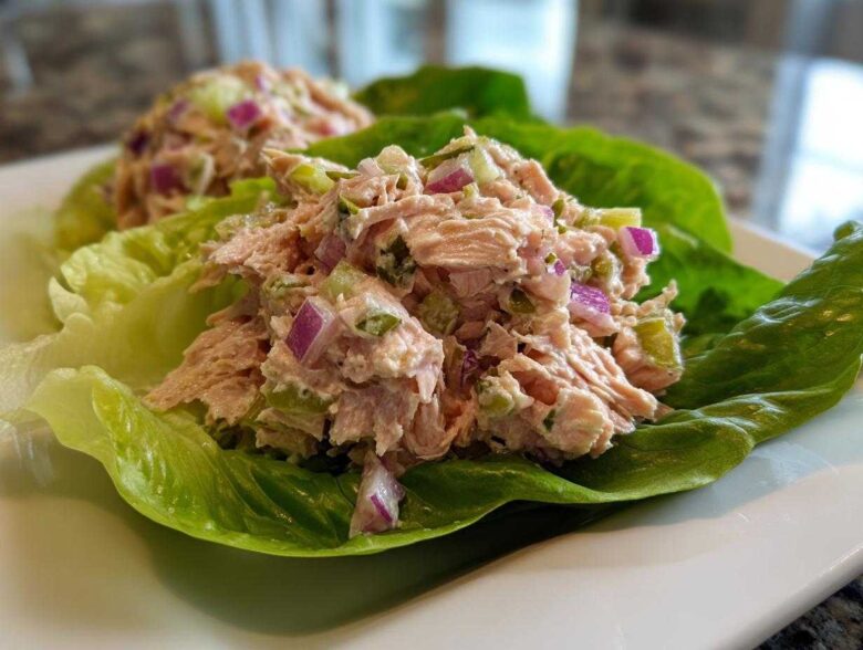 Close-up of fresh salmon salad mixed with red onion and celery served in bright green lettuce cups.