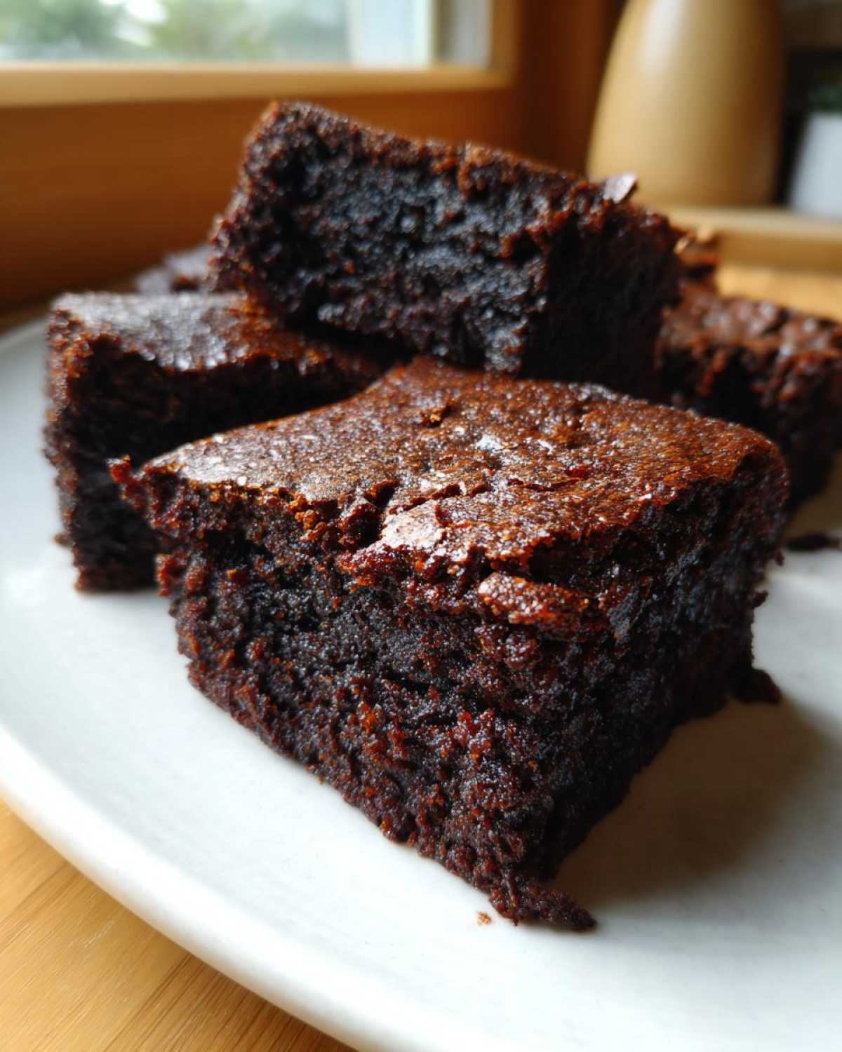 A stack of rich, dark, fudgy gingerbread brownies with a slightly cracked top, served on a white plate.