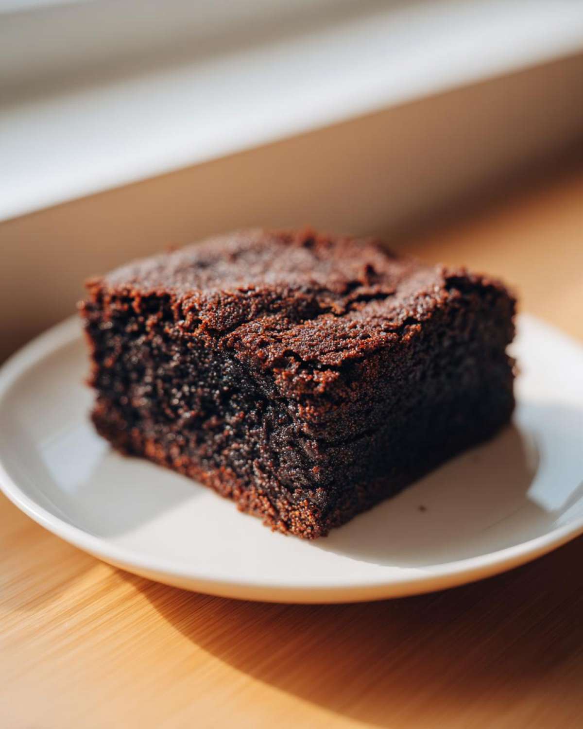 A close-up of a single, dark, fudgy square of gingerbread brownies on a white plate.