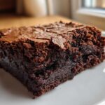Close-up of a rich, fudgy slice of gingerbread brownies showing a crackly top.
