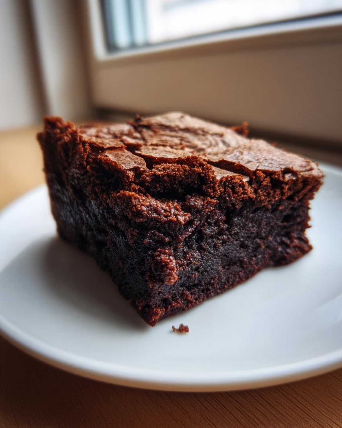 A close-up of a fudgy square of gingerbread brownies with a signature crackly top, served on a white plate.