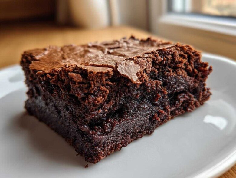 Close-up of a rich, fudgy slice of gingerbread brownies showing a crackly top.