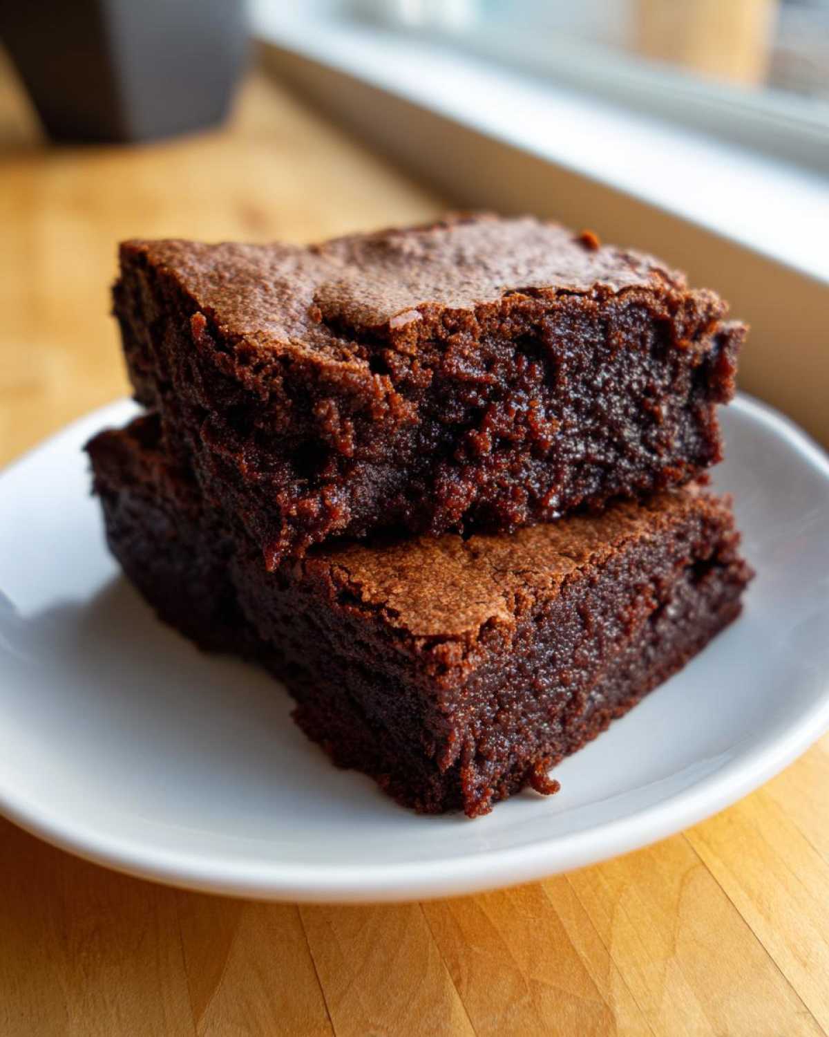 Close-up of two fudgy gingerbread brownies stacked on a white plate, showing a rich, dark interior.
