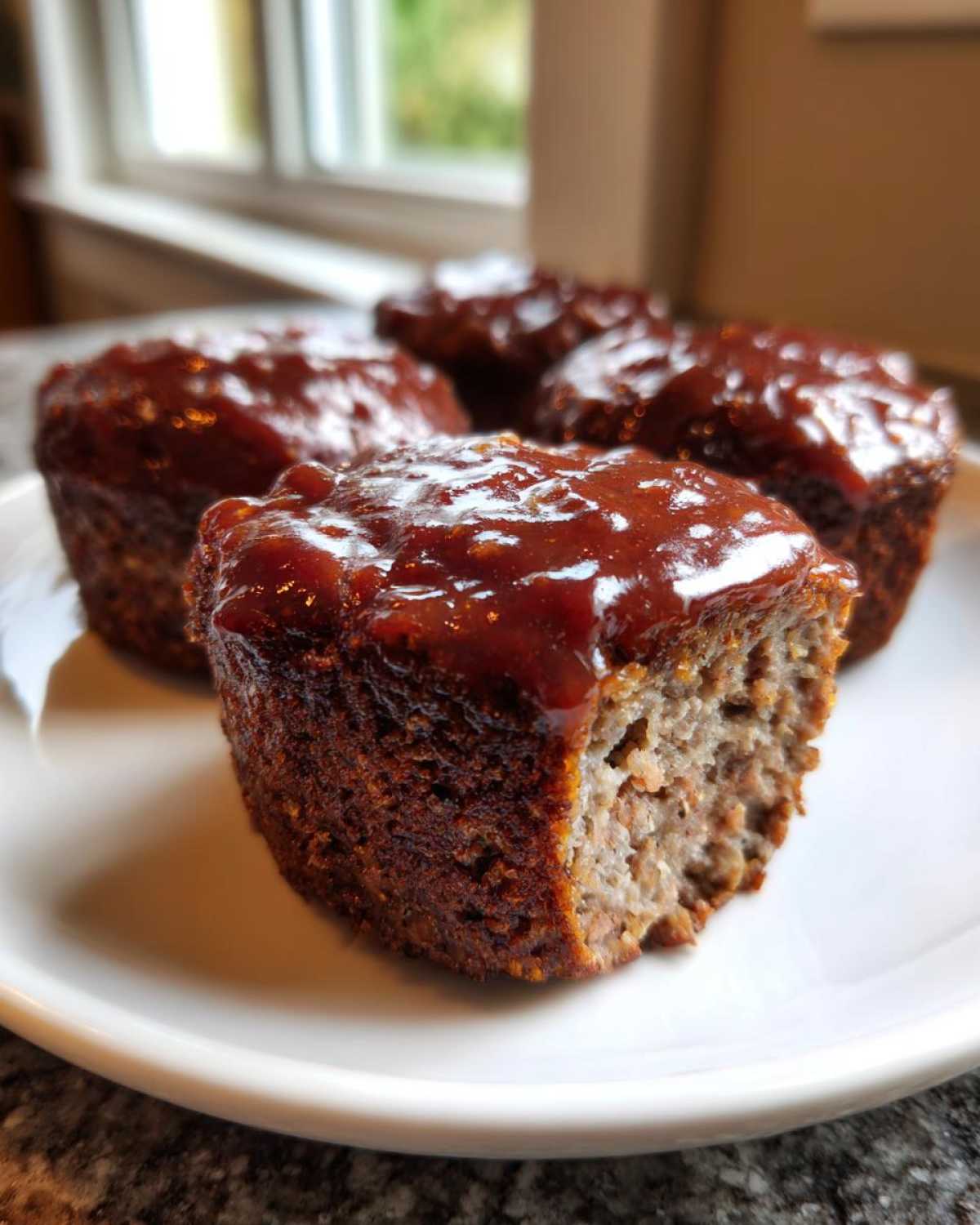 A close-up of a glazed mini meatloaf on a white plate, showing the texture of the meatloaf after a bite has been removed.