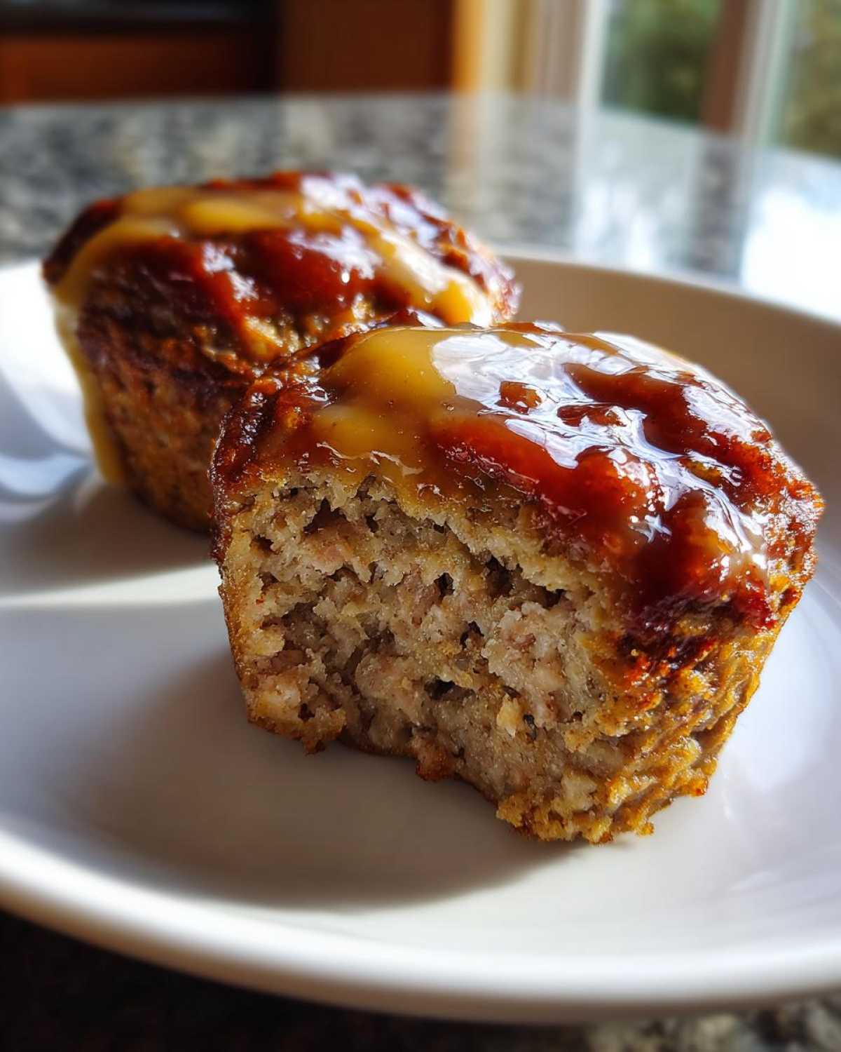 Close-up of a mini meatloaf cut in half showing the texture, topped with a shiny brown glaze.