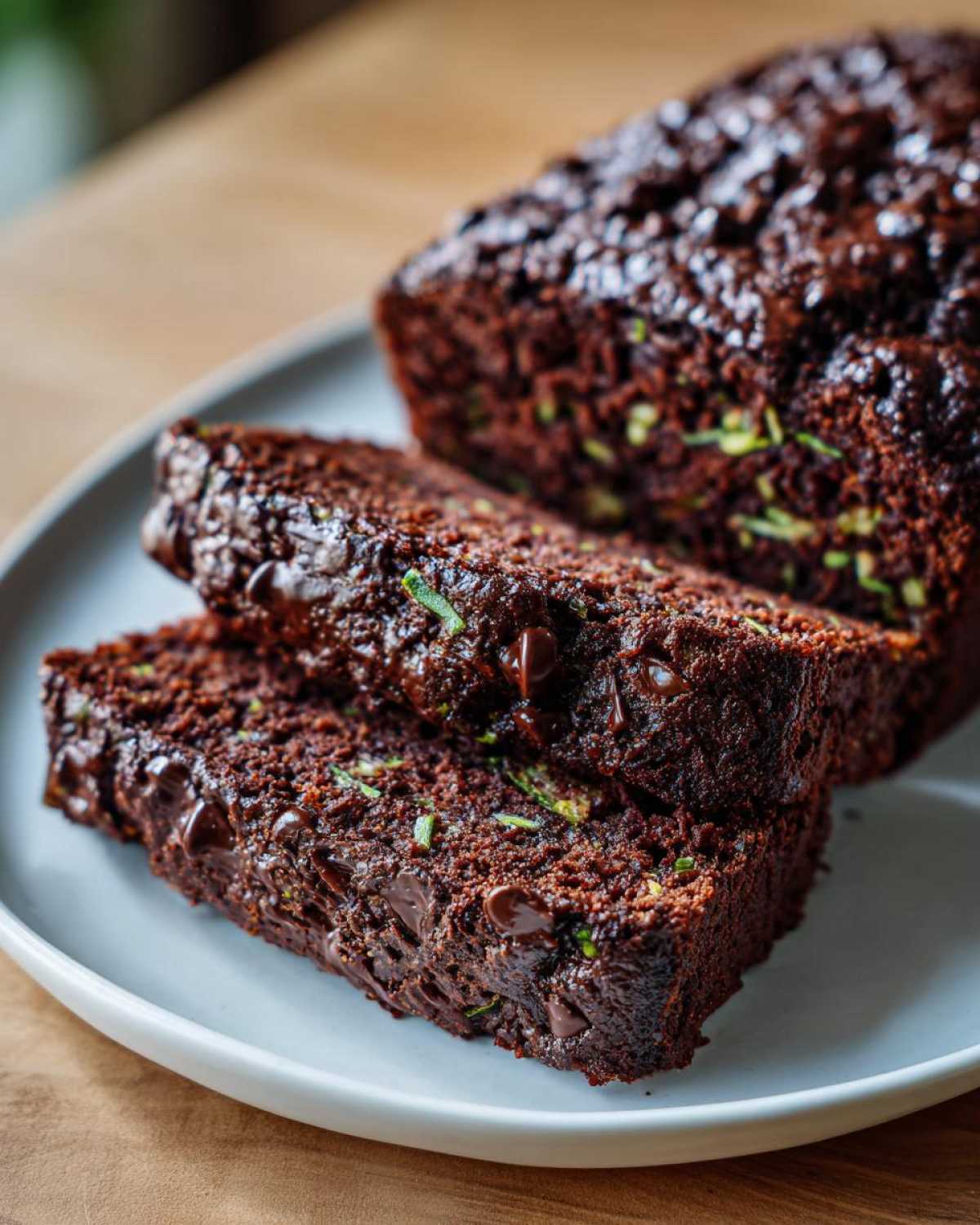 Close-up of moist slices of Gluten-Free Chocolate Zucchini Bread loaded with chocolate chips.