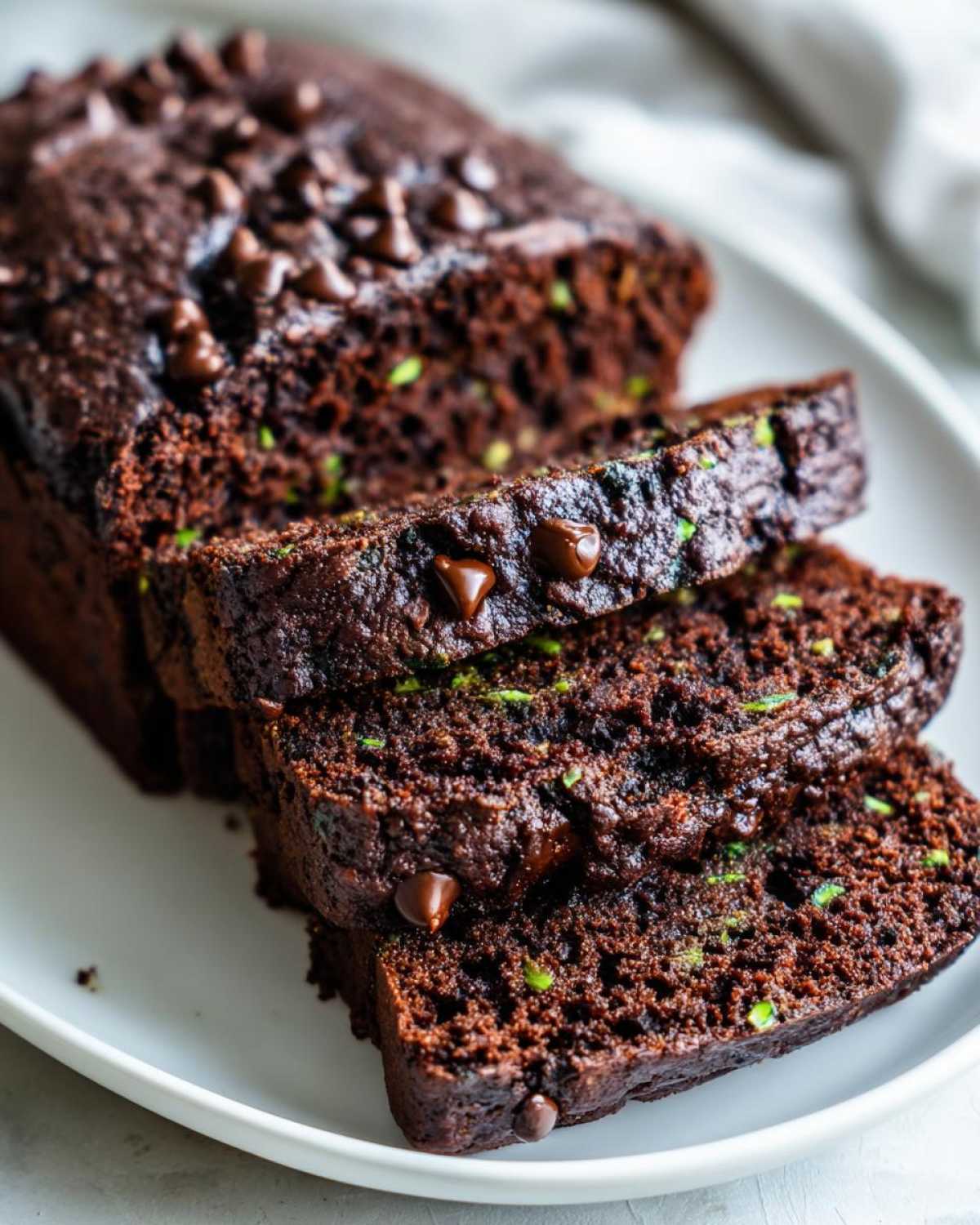 Close-up of sliced Gluten-Free Chocolate Zucchini Bread, showing moist texture and green zucchini shreds.