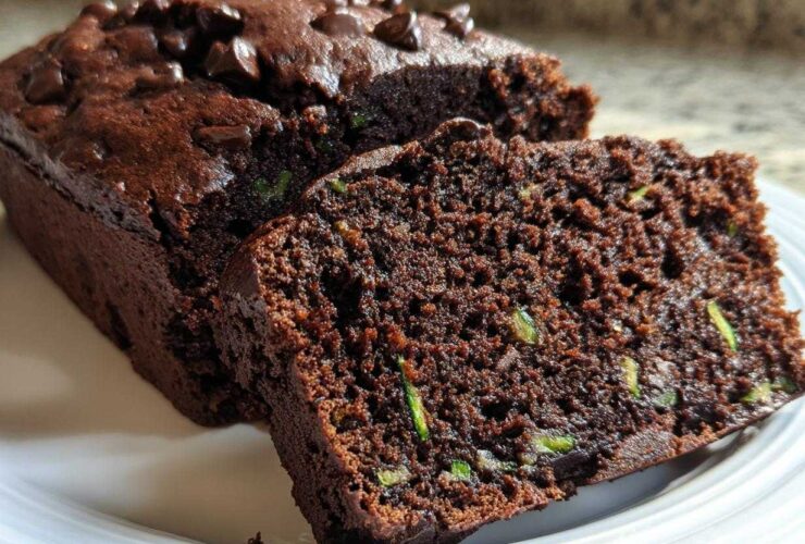 Close-up of moist Gluten-Free Chocolate Zucchini Bread with visible zucchini shreds and chocolate chips.