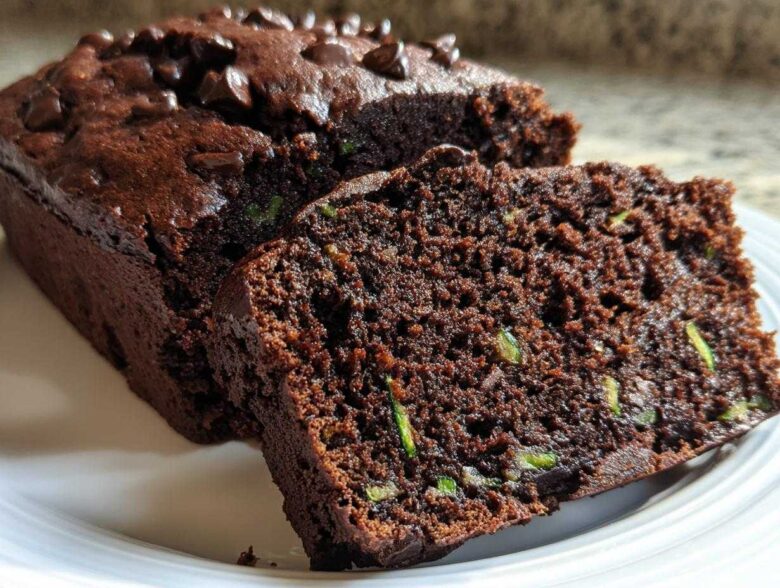 Close-up of moist Gluten-Free Chocolate Zucchini Bread with visible zucchini shreds and chocolate chips.