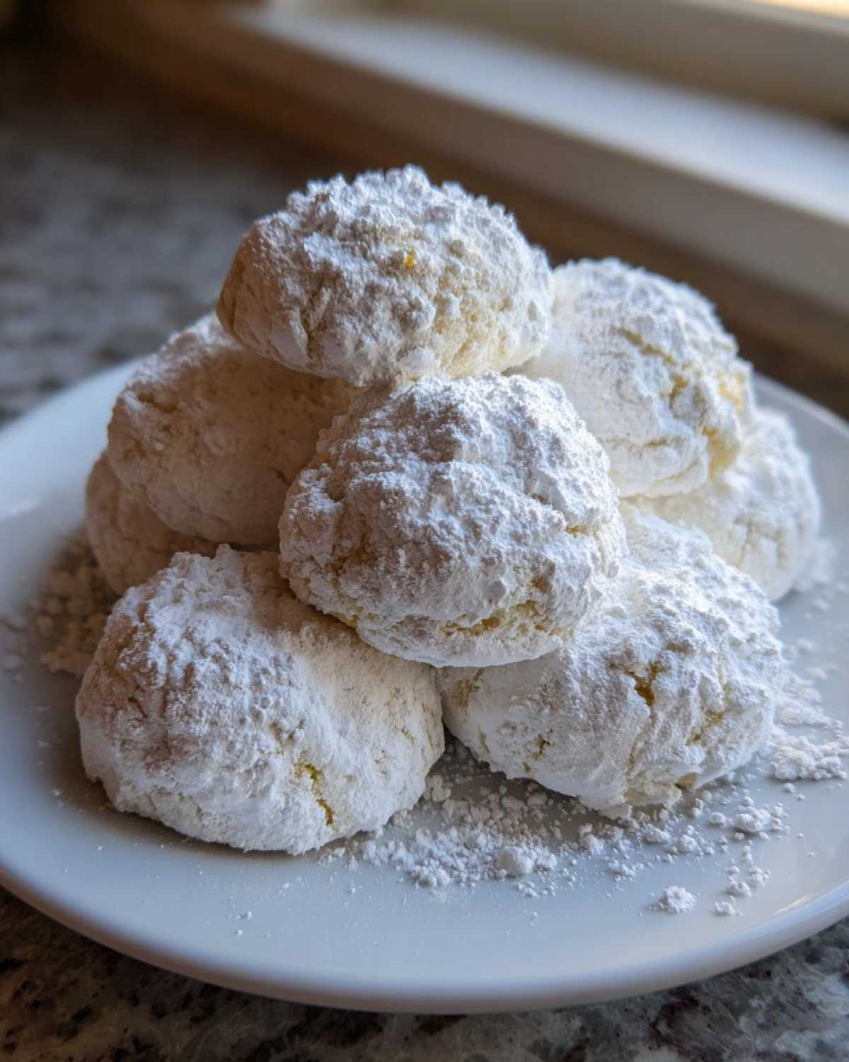 A stack of freshly baked Gluten-Free Lemon Meltaway Cookies heavily dusted with powdered sugar on a white plate.
