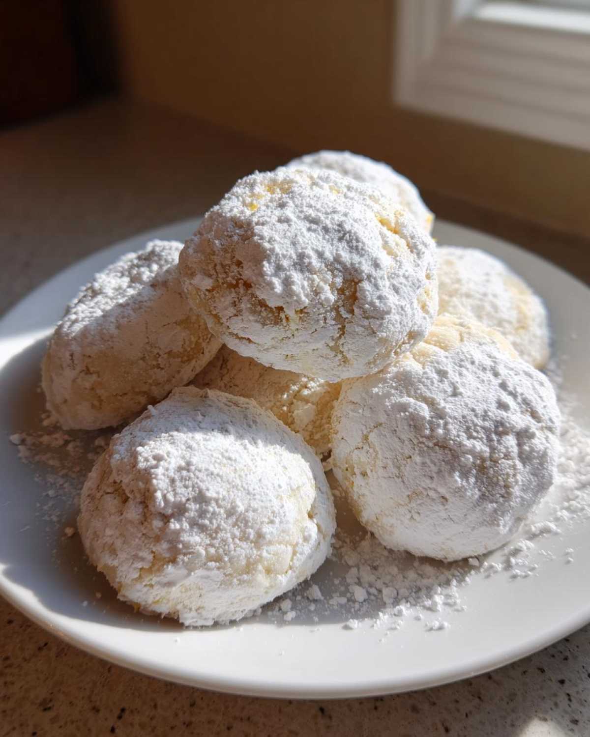 A pile of soft Gluten-Free Lemon Meltaway Cookies heavily dusted with white powdered sugar on a white plate.