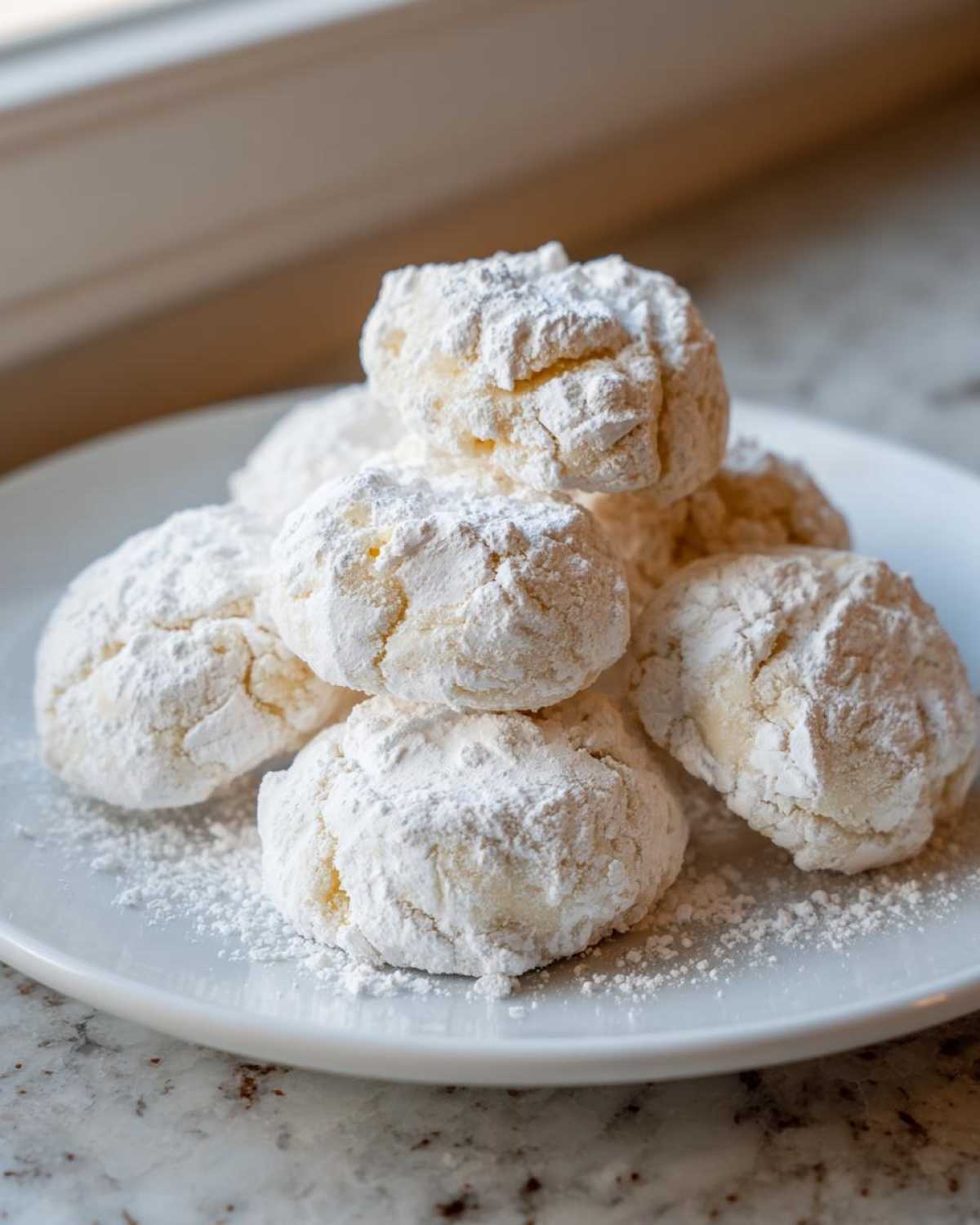 A stack of soft, crinkle-topped Gluten-Free Lemon Meltaway Cookies heavily dusted with powdered sugar on a white plate.