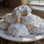 A stack of powdered sugar-dusted Gluten-Free Lemon Meltaway Cookies piled high on a white plate.