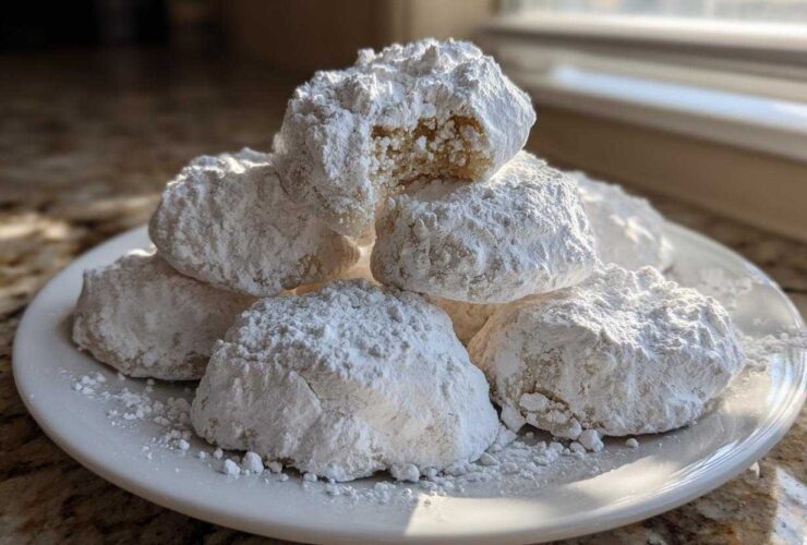 A stack of powdered sugar-dusted Gluten-Free Lemon Meltaway Cookies piled high on a white plate.