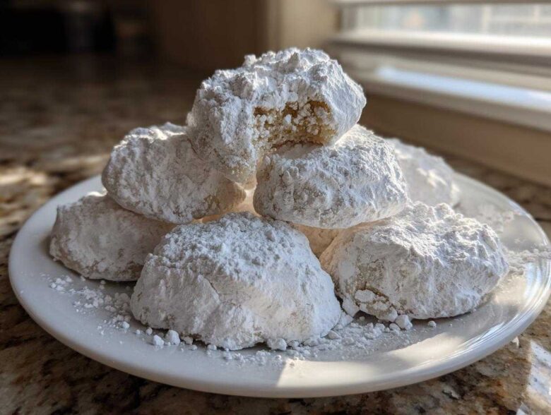A stack of powdered sugar-dusted Gluten-Free Lemon Meltaway Cookies piled high on a white plate.