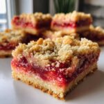 A close-up, appetizing shot of a square Gluten-Free Strawberry Rhubarb Bars slice showing the crumbly topping and bright red filling.