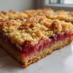 A close-up of a thick slice of Gluten-Free Strawberry Rhubarb Bars showing the golden crumble topping and vibrant red fruit filling.