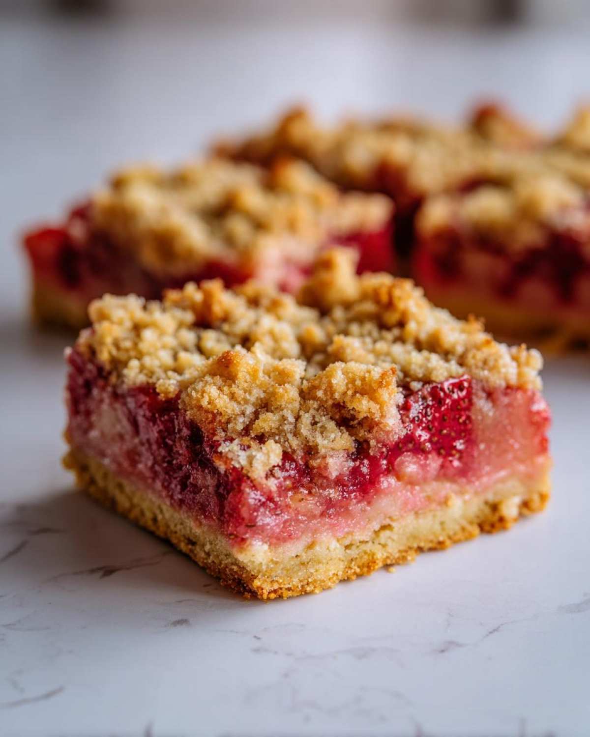 A close-up, single serving of Gluten-Free Strawberry Rhubarb Bars showing the thick fruit filling and crumb topping.