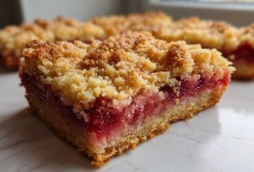 A close-up of a thick slice of Gluten-Free Strawberry Rhubarb Bars showing the golden crumble topping and vibrant red fruit filling.