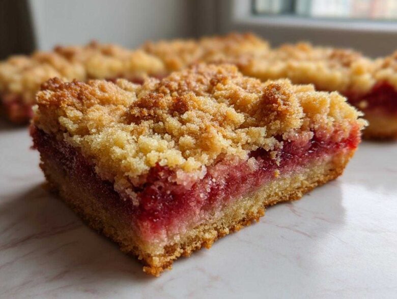 A close-up of a thick slice of Gluten-Free Strawberry Rhubarb Bars showing the golden crumble topping and vibrant red fruit filling.