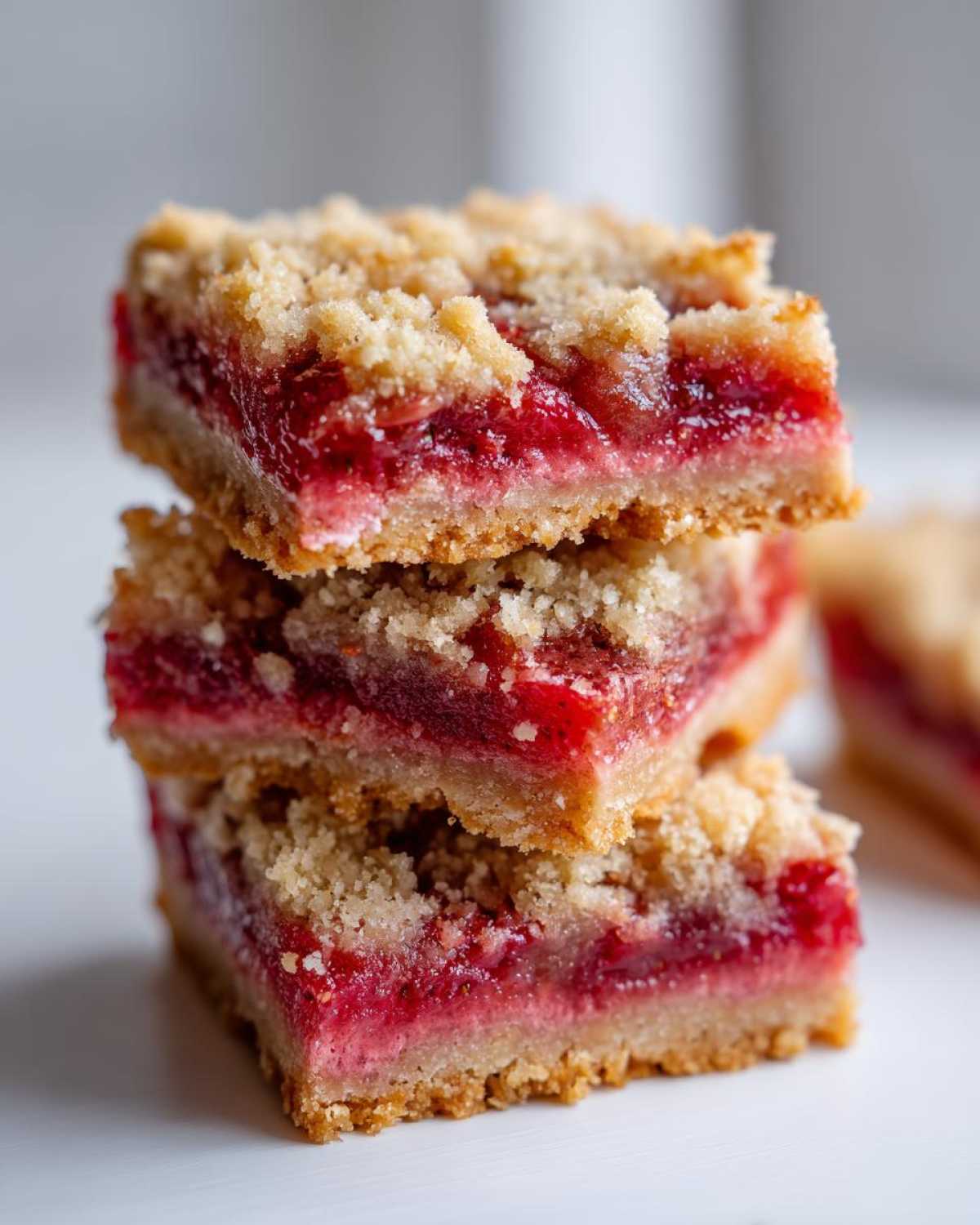 A stack of three delicious Gluten-Free Strawberry Rhubarb Bars showing the thick fruit filling and crumbly topping.
