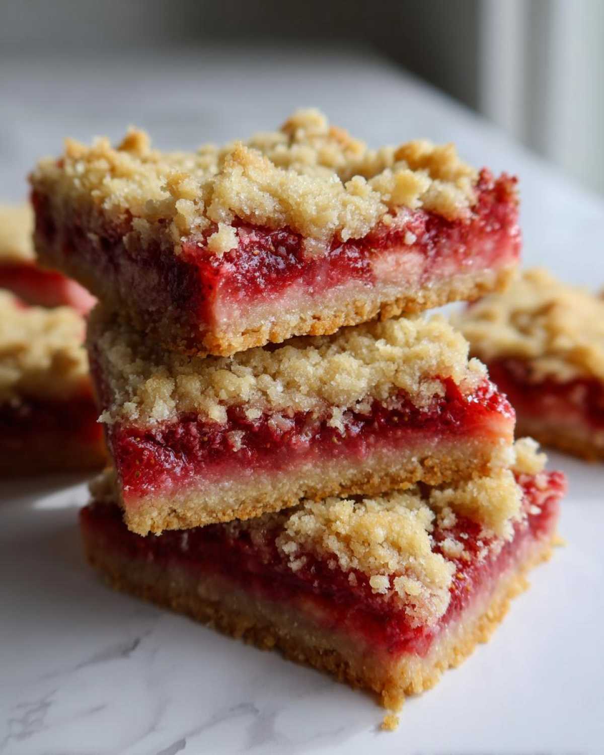 A stack of three delicious Gluten-Free Strawberry Rhubarb Bars showing the thick fruit filling and crumbly topping.