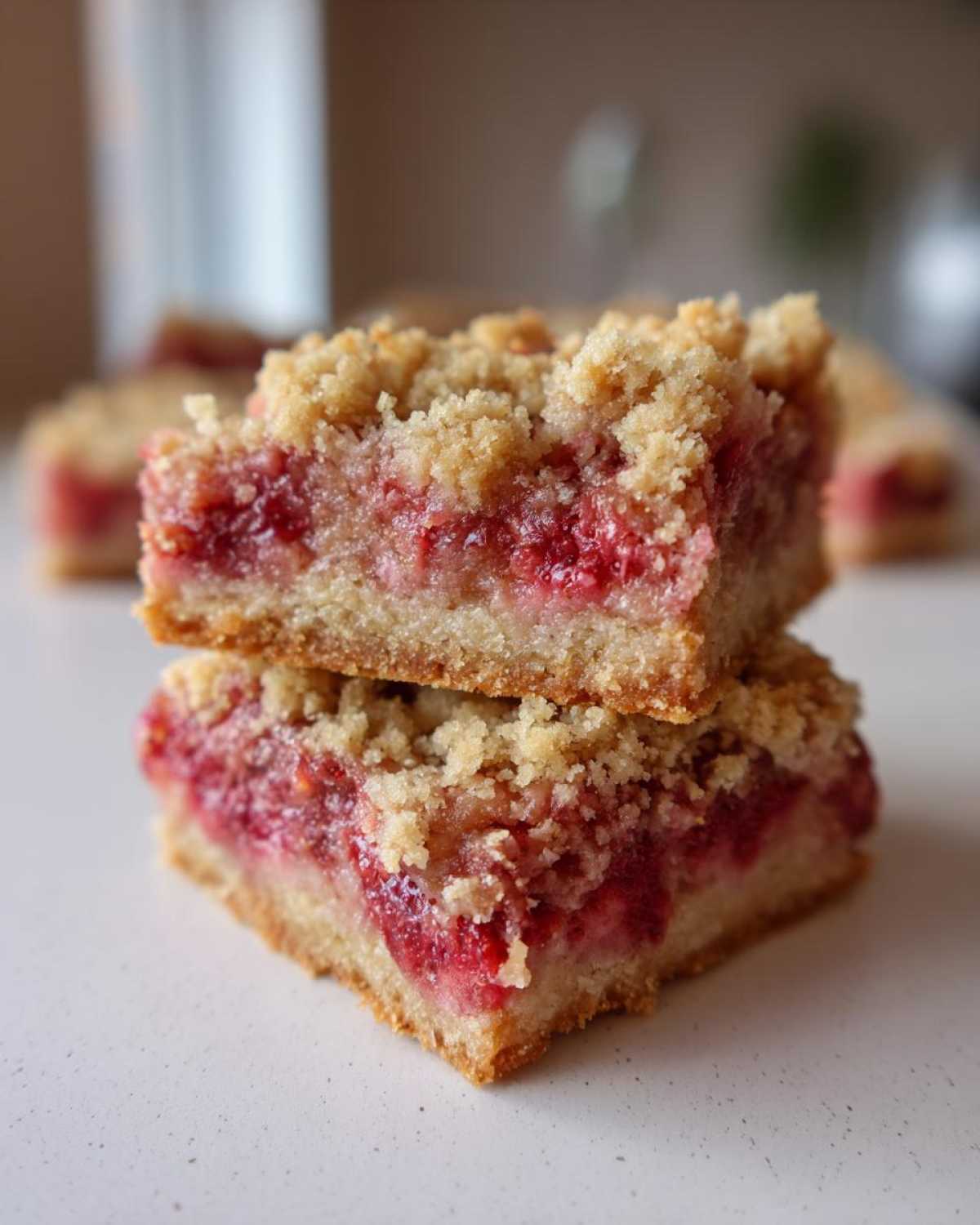 Two stacked squares of Gluten-Free Strawberry Rhubarb Bars showing a thick, bright red fruit layer and a golden crumb topping.