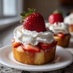A single Gluten-Free Strawberry Shortcake Cupcake topped with whipped cream and a whole fresh strawberry.