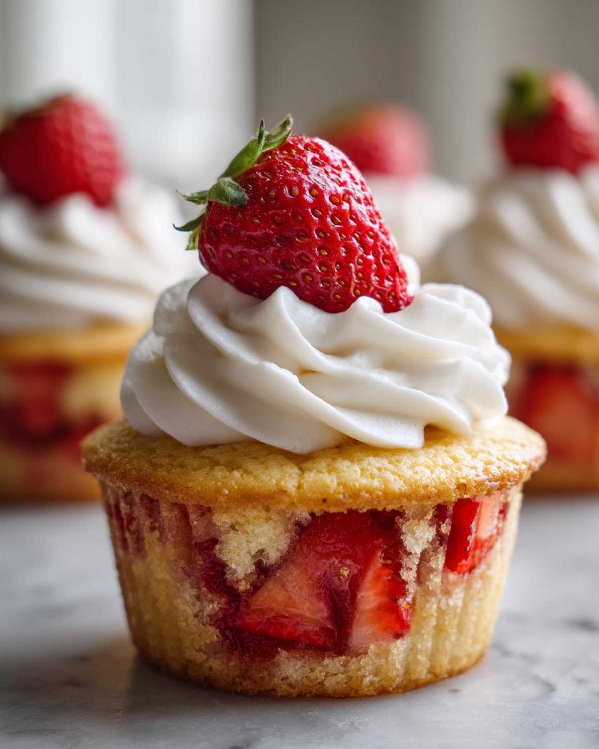 A close-up of a Gluten-Free Strawberry Shortcake Cupcakes topped with white frosting and a fresh strawberry.