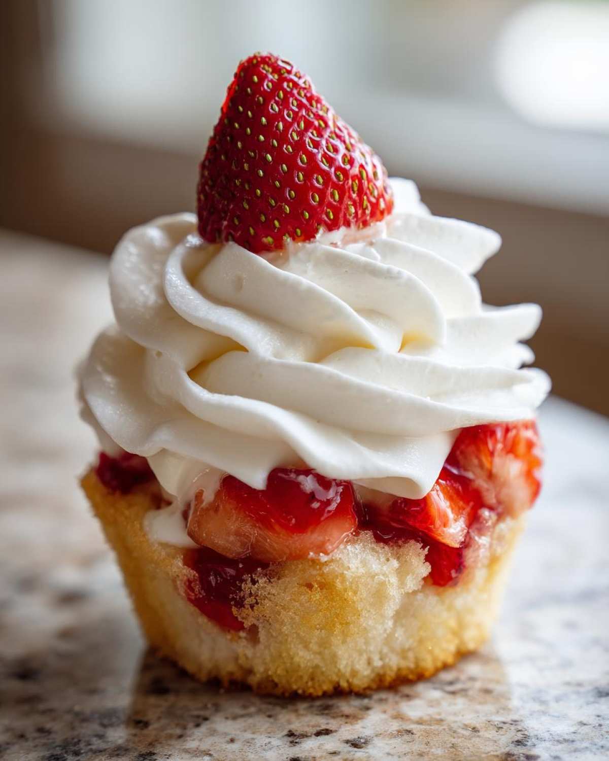 A close-up of a Gluten-Free Strawberry Shortcake Cupcakes topped with whipped cream and a fresh strawberry.