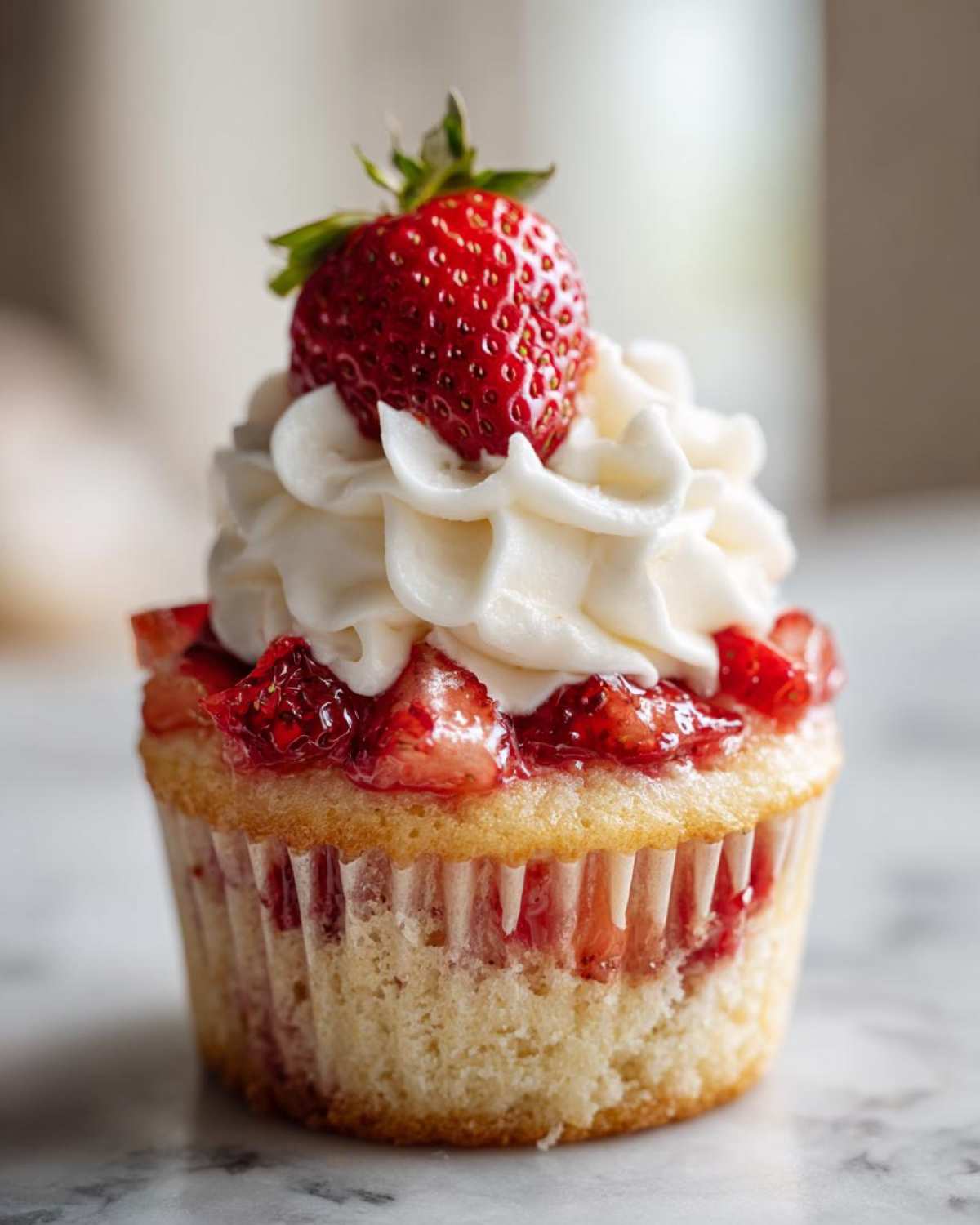 A single Gluten-Free Strawberry Shortcake Cupcakes topped with whipped cream and a fresh strawberry.