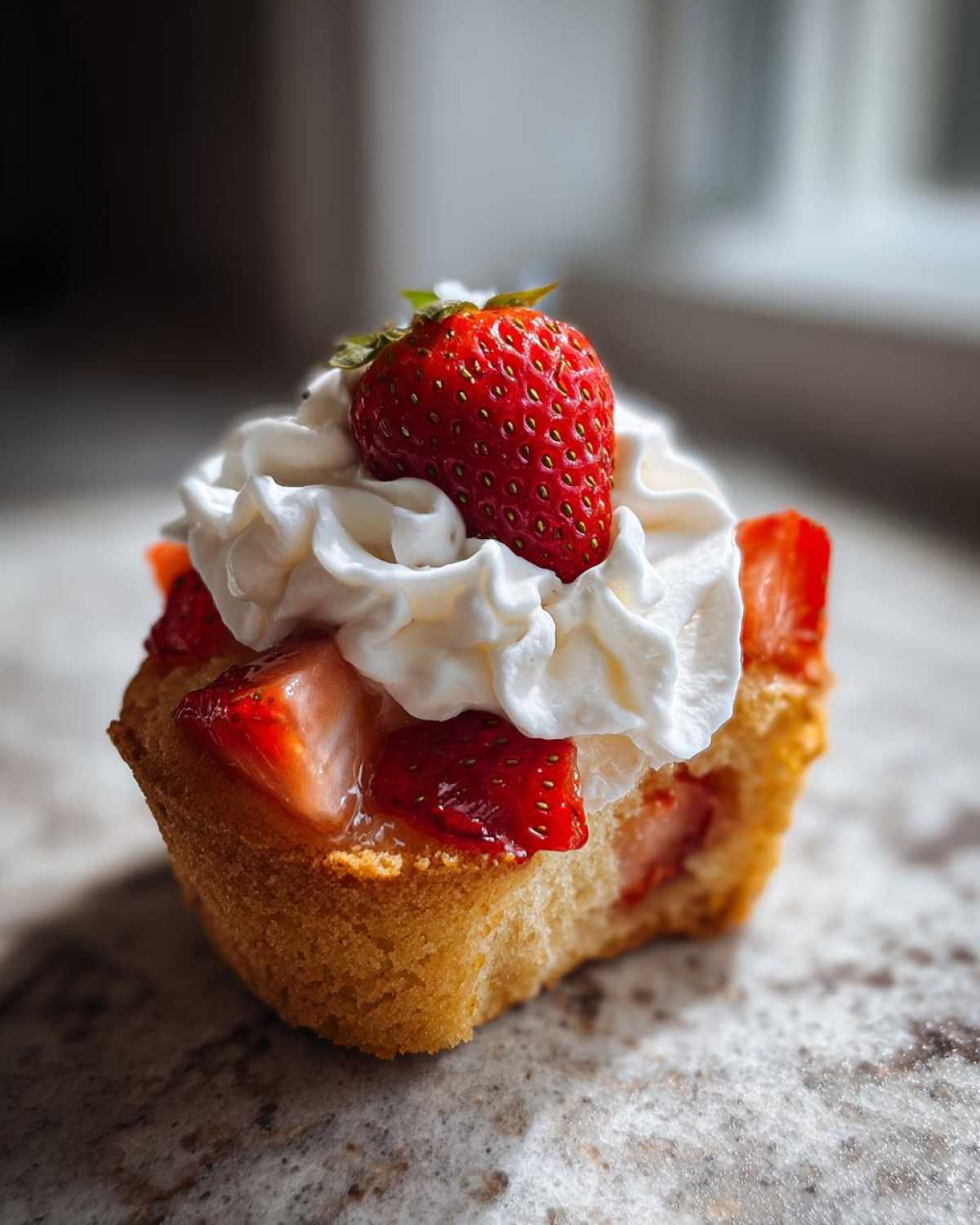 A close-up of a single Gluten-Free Strawberry Shortcake Cupcakes topped with whipped cream and a fresh strawberry.
