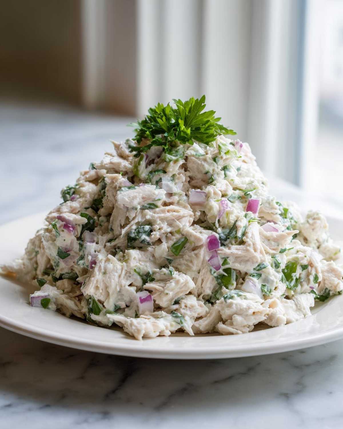 A mound of creamy greek yogurt chicken salad mixed with red onion and herbs, garnished with fresh parsley.