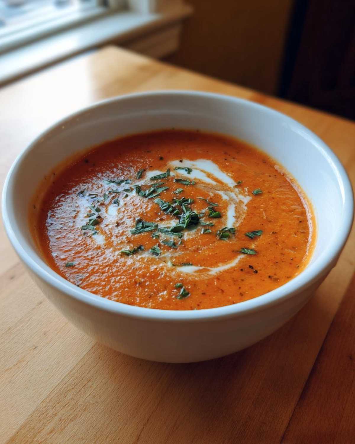 A close-up of a white bowl filled with rich, orange tomato bisque, swirled with cream and topped with fresh herbs.