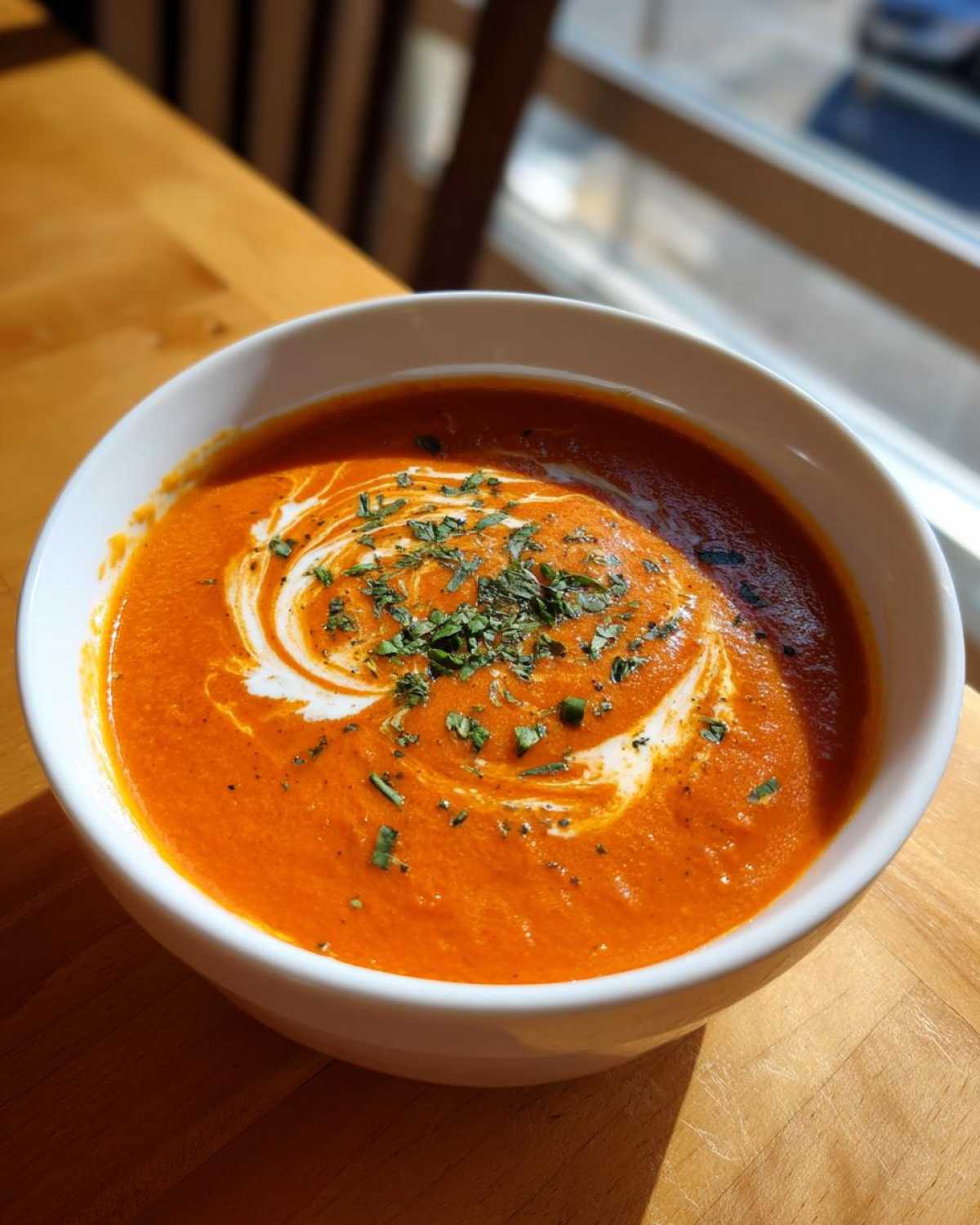 A close-up of a white bowl filled with rich, orange tomato bisque, swirled with cream and topped with fresh herbs.