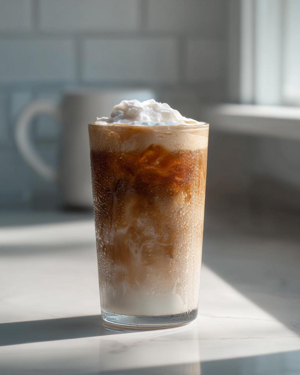 A tall glass of Copycat Starbucks Iced White Chocolate Mocha layered with milk, espresso, and topped with whipped cream.
