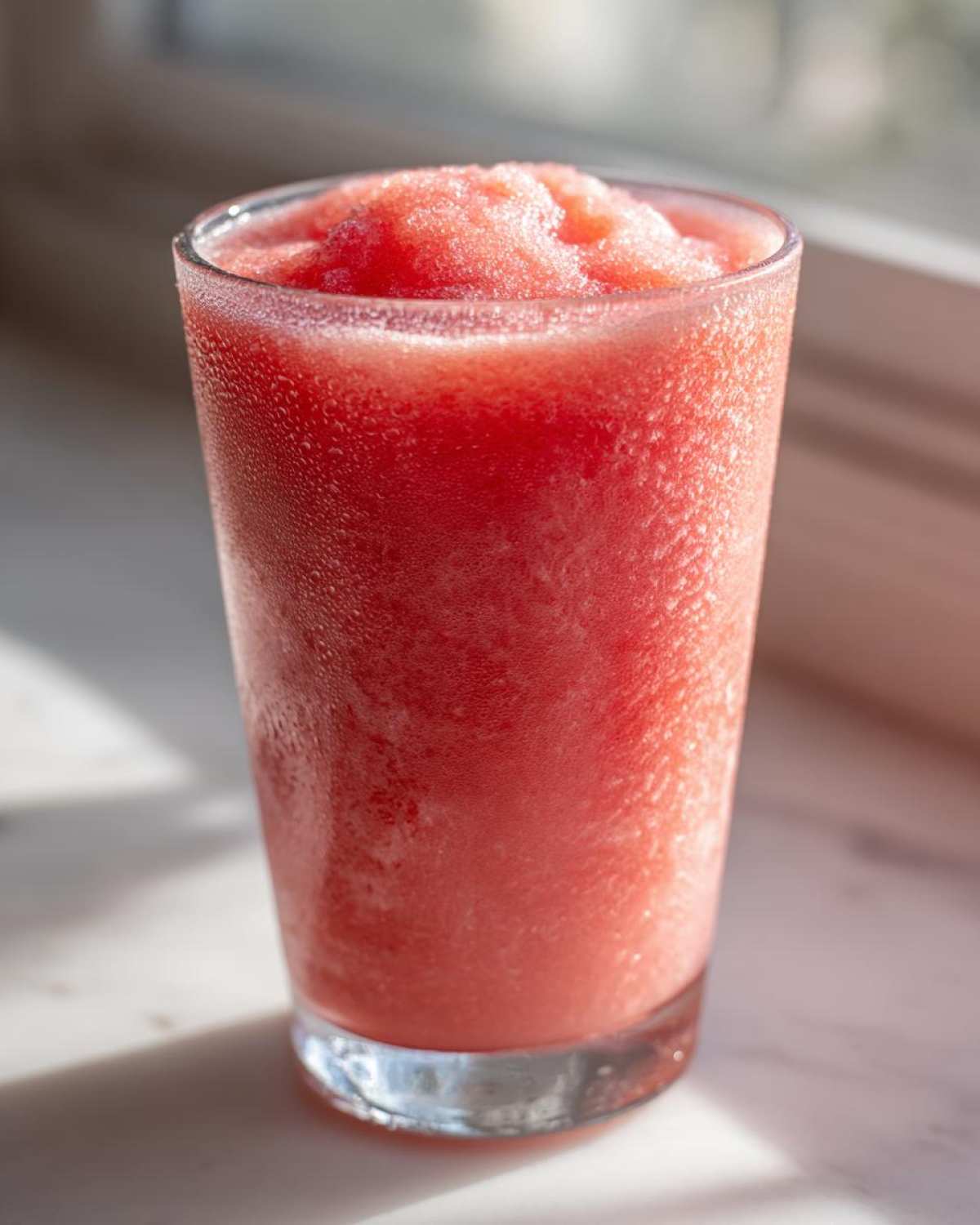 A tall glass filled with a bright red, icy watermelon smoothie, showing condensation on the outside.
