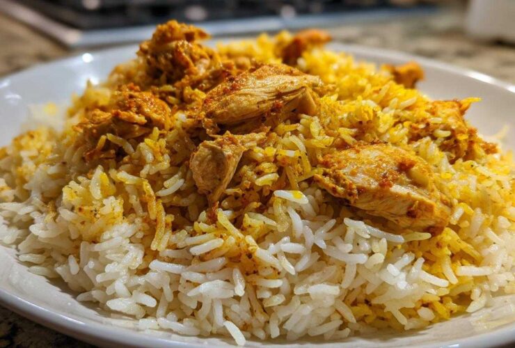 Close-up of a white plate filled with fluffy white and yellow seasoned rice topped with tender pieces of seasoned chicken for Instant Pot Chicken Shawarma Rice.