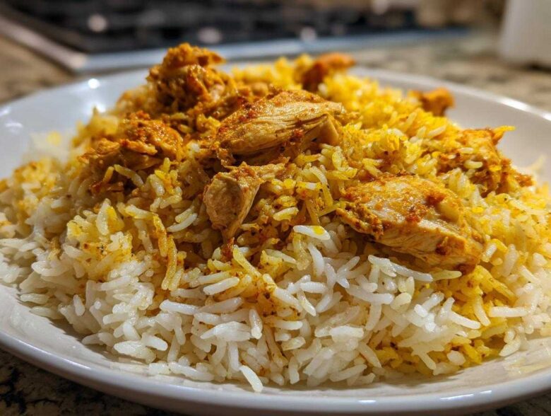 Close-up of a white plate filled with fluffy white and yellow seasoned rice topped with tender pieces of seasoned chicken for Instant Pot Chicken Shawarma Rice.