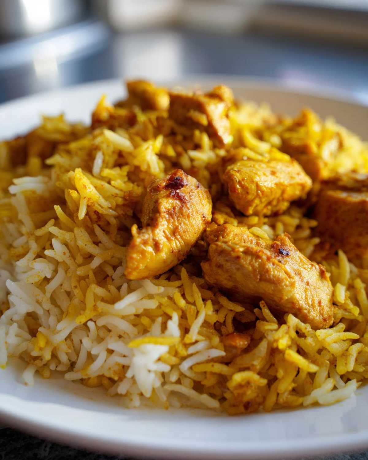 Close-up of seasoned chicken pieces mixed with yellow and white rice in a serving of Instant Pot Chicken Shawarma Rice.